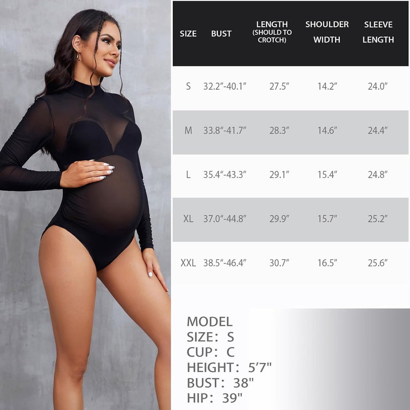 Bhome Mock Neck Maternity Bodysuit for Photoshoot Sheer Mesh Maternity Photography Outfits - Image 2